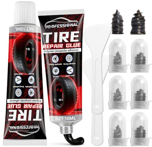 Tire Repair Glue, 20ml Black Sidewall Rubber Cement Kit, Seamless Strong Bonding, Flexible, Waterproof, Suitable for All Tire Types, Two Sizes Nail for Car, Motorcycle, Bike, Rc