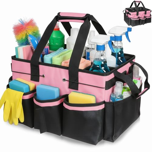 Cnwinu Cleaning Caddy with Handle,Large Multi-Compartment Cleaning Caddy Bag with Removable Dividers&Adjustable Shoulder Strap,Tote Bag Organiser for Cleaners Housekeepers,for Home,Car,Garden(Pink)