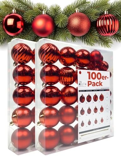 4smile weihnachtskugeln 100er Rot – Elegante christbaumkugeln aus hochwertigem Kunststoff in 3/4/6 cm, Matte/glänzende/glitzernde/Kürbis-Optik