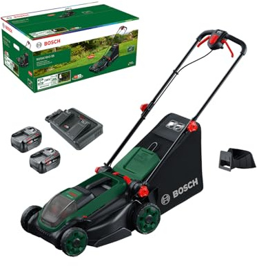 Bosch Cordless Lawn Mower ROTAK18V2-38 (Cutting Width: 38 cm, Height of Cut: 30-75 mm, 40 l Fabric Grass Bag, Mulch Plug, incl 2 x 18V Battery and Charger)