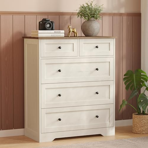 VASAGLE Kommode mit 5 Schubladen, Aufbewahrungsschrank aus Holzspanplatte und MDF, 80 x 40 x 93,6 cm, Weiß, Landhausstil, für Schlafzimmer, Flur, Siren Kollektion LTS643WJ01