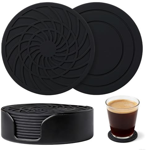 Fyunlle Silikon-Untersetzer 10er Set Schwarz Ø10 cm, Hitzebeständig bis 230°C, rutschfest mit Wasserablaufrillen, Anti-Kratz & Wasserfest, für Tassen, Becher, Gläser, Zuhause & Büro