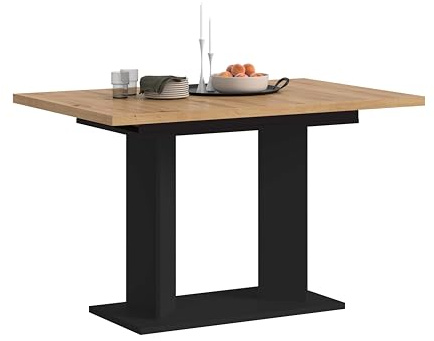 xonox.home – Esstisch Gustav 120-160x76x80 cm in Artisan Eiche Nachbildung und Schwarz – Ausziehbarer Küchentisch mit Doppelsäule – variabel anpassbar, ummantelte Kanten & inklusive Aufbauanleitung