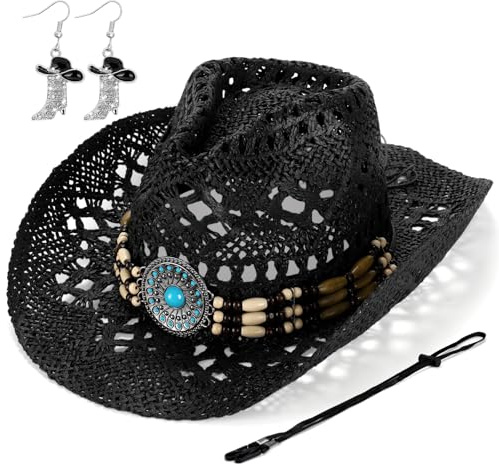 Geebuzz Straw Cowboy Hat for Women, Western Cowgirl Hats with Boot Earrings, Brim Summer Beach Hat