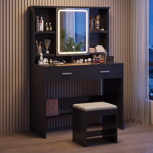 JUMMICO Schminktisch-Set in Schwarz mit LED-Spiegel & dimmbarer Beleuchtung, Frisiertisch mit 2 Schubladen, verstellbaren Regalen und Schmuckablage, inklusive Hocker, moderner Stil