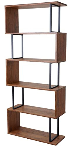 Bücherregal HWC-A27, Standregal Wohnregal, 183x80cm 3D-Struktur 5 Ebenen - Wildeiche-Optik, Metall schwarz