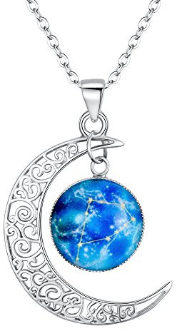 Clearine Sternbild Steinbock Halskette Damen 925 Sterling Silber Horoskop 12 Konstellation Galaxis Halbmond Mond Münze Blau Anhänger Hals Schmuck