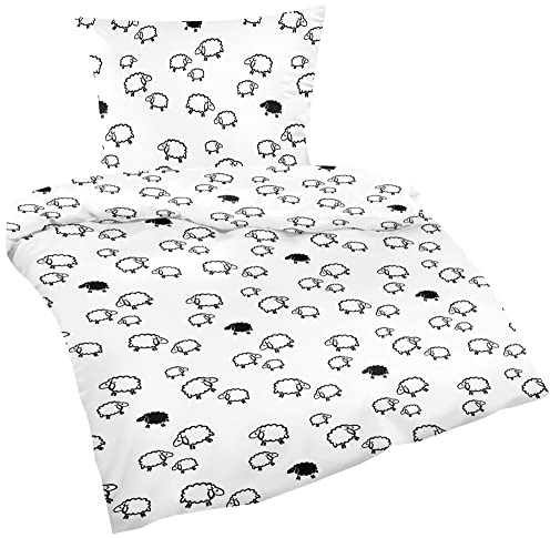 Heubergshop 2 teilige Baumwoll Renforcé Bettwäsche 135x200cm und 80x80cm - Schafe Lämmer Tiere - Kinderbettwäsche aus 100% Baumwolle (Schafe Weiß/Schwarz (99/2)