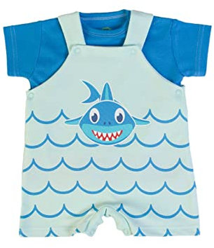 Pagliaccetto Neonato Estivo in Cotone 1-18 Mesi Verde Blu - Salopette e Maglia Shark (3 Mesi (62 cm))