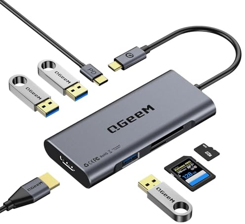 QGeeM Hub USB C, 7 en 1 Adaptador Tipo C, USB C Hub a HDMI 4k, 3 Puertos USB 3.0, Suministro de Energía de 100 W, Lectores de Tarjetas SD/TF Compatibles con MacBook Pro 13/15 (Thunderbolt 3)