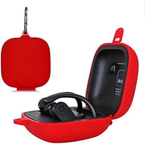 RLTech Case for Powerbeats Pro, Soft Silicone Full Protective with a Carabiner Earphone Case Cover for Beats Powerbeats Pro, Red