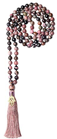 COAI Unisex Handgeknüpft 108 Mala Yoga Kette Buddhistische Halskette Gebetskette aus Rhodonit mit Quaste und Fatimas Hand Charm