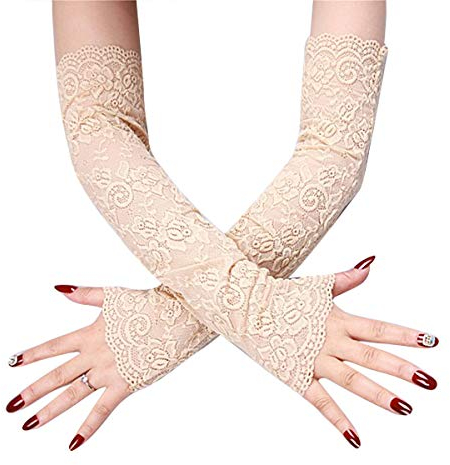 TiaoBug Damen Elegant Spitzen Handschuhe Ellenbogen lange Elastisch Handstulpen Brauthandschuhe Arm Stulpen Fäustlinge für Cosplay Oper Hochzeit Accessoires Beige One Size
