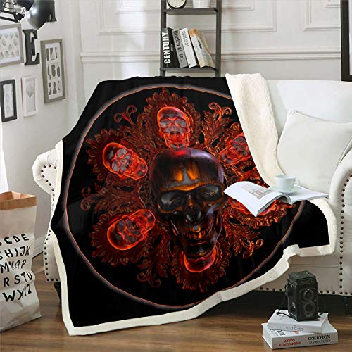 Schädelmuster Couchdecke Skelett Design Kuscheldecke Personalisierte Gothic Bones Style Wohndecke für Stuhl Sofa Couch Raumdekor Boho Rot Schwarz Flanell Fleecedecke 150x200cm