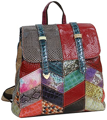 Segater Zufälliger bunter Rucksack für Damen Rucksackhandtaschen Schultertasche aus echtem Leder Bunte Patchwork-Geldbörsen Campusreise-Rucksack