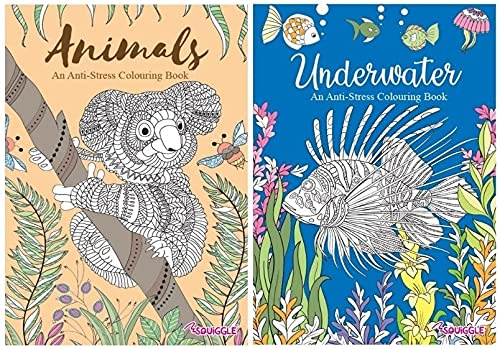Squiggle, libri da colorare per adulti, antistress, animali e sott'acqua, set di 2