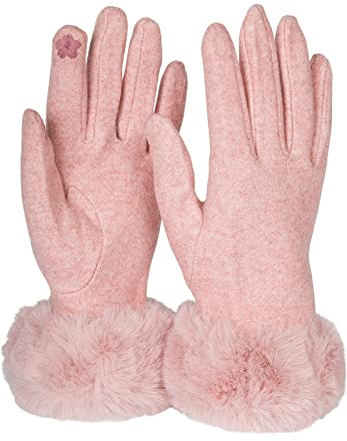 styleBREAKER Damen Touchscreen Handschuhe Einfarbig mit Kunstfell Besatz, warme Fingerhandschuhe, Winter 09010038, Farbe:Rose