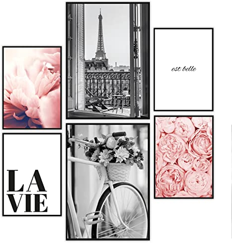 Close Up Paris 6er-Set Poster - DIN A4 + DIN A3 - Premium Set Eiffelturm Wanddeko - Blumen Kunstdruck Homedecor - ohne Rahmen
