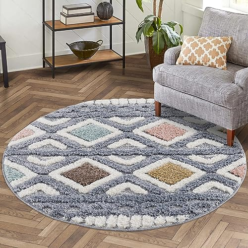 carpet city Teppich Hochflor Wohnzimmer - 120x120 cm Rund - Boho-Chic Ethno Grau Multi - Cut-Loop, Hochtief, 3D-Effekt - Shaggy Teppiche Flauschig-Weich Schlafzimmer Langflor