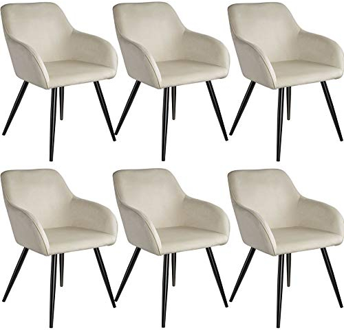 tectake 6er Set moderner Esszimmer Stuhl, Sitzfläche aus Samt, Armlehnstuhl, Sessel Wohnzimmer, gepolsterter Office Chair mit schwarzen Metallbeinen, Schminktisch Stuhl - Creme/schwarz