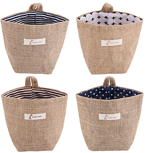 4 Stück Retro Aufbewahrungstasche zum Aufhängen, Hängend lagerung Tasche aus Baumwoll-Leinen faltbar kleine Körbe mit Griff für Spielzeug Make-up Schlüssel