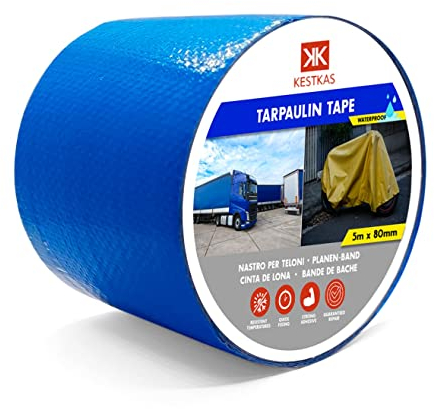 KESTKAS Nastro per teloni 8cm x 5m Nastro per riparazioni di teloni - Toppa per teloni di camion - Nastro adesivo in tessuto impermeabile - Sigillante - Resistente (Blu)