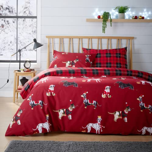 Olivia Rocco Christmas Dogs Duvet Cover Set Puppies White Grey Reversible Super Soft Easy Care Cute Animal Print Quilt Bedding Bed Sets with Pillowcase, Red Double