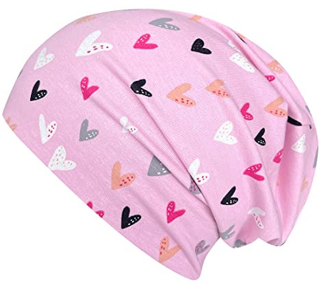 Wollhuhn ÖKO Jungen/Mädchen/Kinder Bequeme Weiche Long Beanie/Mütze/Beanie-Mütze/Kindermütze Jersey Gefüttert Übergangszeiten (Öko-Stoffe/Bio) 20220620 (Herzen Rosa, M)