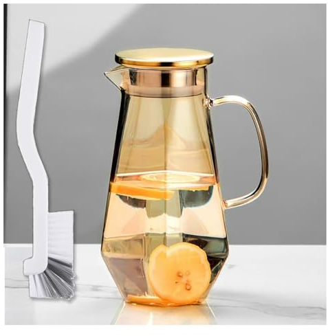 1.7 Liter/58oz Glass Pitcher with Lid Water Carafe Jug with Spout Handle for Hot/Cold Water Tea Beverage (Gold 1-Glass Pitcher)