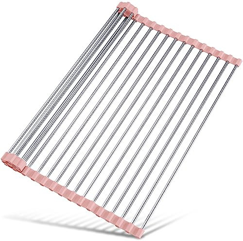 Tomorotec Roll Up Dish Drying Rack Over Sink Drying Rack Sink Cover Kitchen Sink Accessories Gadget Multipurpose Organizer Foldable Stainless Steel Drainer 45x40cm (Pink)