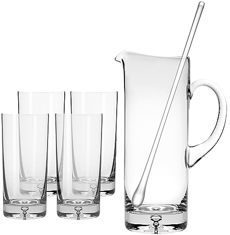 Glass - Pitcher with handle - Spout - Straight Sided - Ice Lip - Bubble design on base - with Set of 4 Drinking Hiball Glasses - and Glass Stirrer - 40 oz. - 10 H - by Barski - Made in Europe