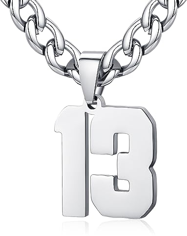 XIRUVE Herren Damen Edelstahl 0-99 Zahl Anhänger Glückszahl Jersey Nummer Sportler Halskette Personalisierte mit 6mm breite Panzerkette 13