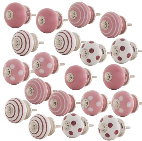 The Boho Street 20 X Stück Rosa Weiß Hochwertige Keramik | Türgriffe | 20 verschiedene Keramikknöpfe| gemischte Designs | Schranktürknöpfe | Schubladengriffe Montur verzinkt in M3 | Metrisch