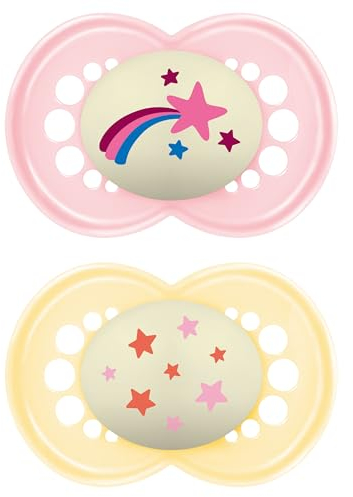MAM Original Night Schnuller | 18-36 Monate | 2er Pack | Glow in the Dark Schnuller | Lieferung im Sterilisator-Etui | nachhaltige Materialien | Babyzubehör | rosa (verschiedene Motive)