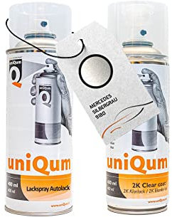 UniQum Autolack + Klarlack 2K Spraydose fürs Auto für MERCEDES SILBERGRAU 9180 Autolack Reparatur 2 x 400 ml