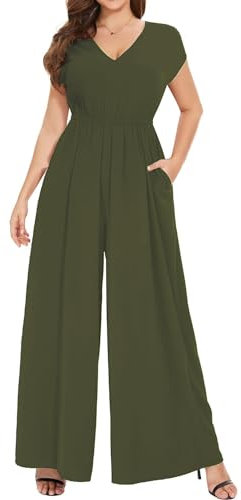 Coloody Femme Combinaison Manches Courtes Col en V Jambes Larges Barboteuse Jumpsuit Élégant Loose Pantalon avec Poches Green S