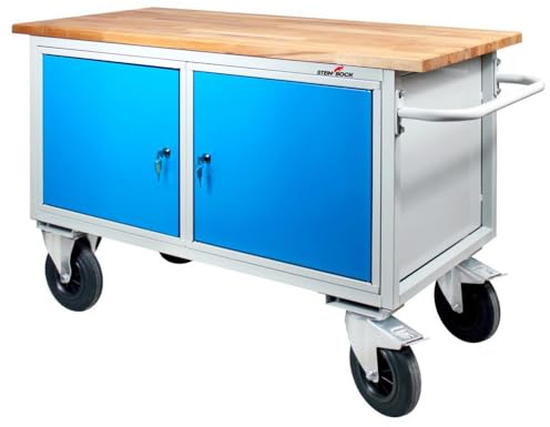 Steinbock Werkbank mit 2 Türen und Regalböden | 500 kg Tragkraft | HxBxT 82,7 x 130 x 60 cm | mobil | Lichtblau | 4 cm Starke geölte Holzplatte | stabiles Stahlgestell | Made in EU | Werktisch