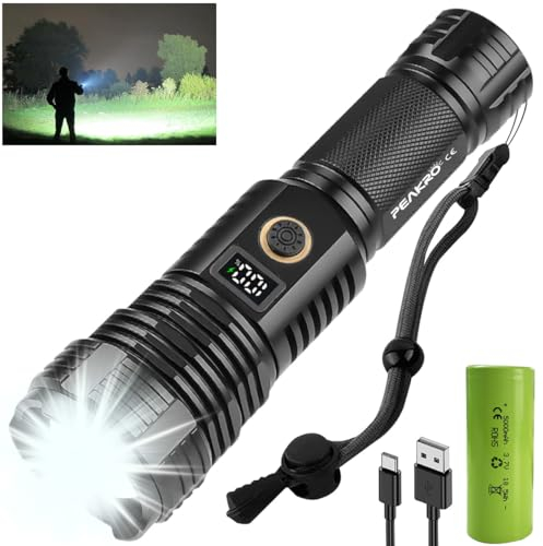 PEAKRO LED Torch Rechargeable Super Bright, 90000 Lumen High Power Torch Battery Powered 5000mAh, XHP90 Tactical Military Torch, 5 Modes Zoomable Powerful Flashlight for Outdoor Camping Emergency