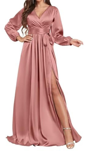 SAYNO Robe de demoiselle d'honneur à manches longues en satin avec fente et col en V, vieux rose, 48 plus