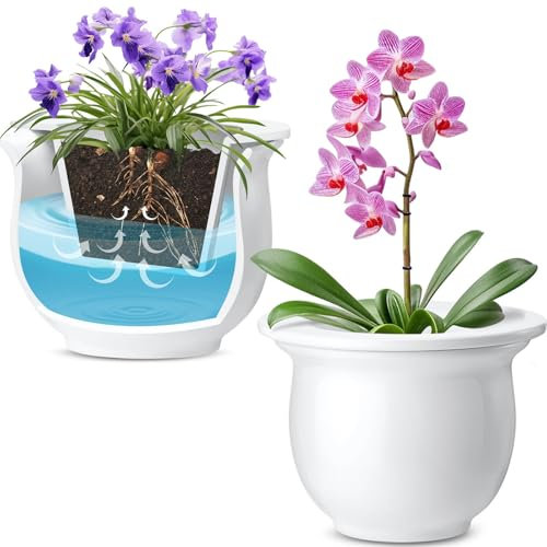 Suclain Lot de 2 pots de fleurs violettes africaines en céramique à arrosage automatique sans effort pour les amateurs occupés, intérieur (blanc, 16,5 cm)