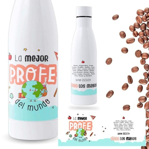 Botella para Profesores | Regalo Original | Botella de agua acero inoxidable térmica personalizada | Libre de BPA y reutilizable | Regalo Fin de Curso (Mejor profe del mundo, 500 ML)