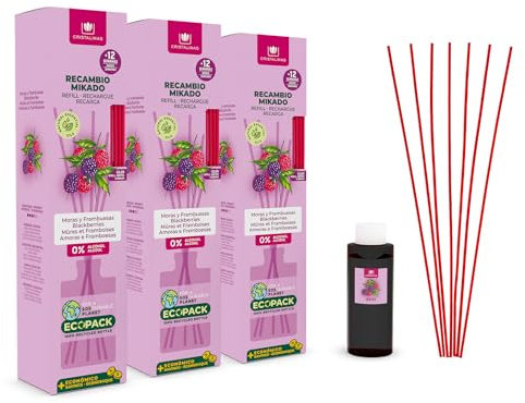 CRISTALINAS | Pack 3 Recambio Ambientador Hogar Mikado + Cañas | Aroma Moras y Frambuesas | Ideal para casa y oficina | 100% Puro | Larga Duración 12 Semanas | 3x85ml | 0% Alcohol