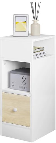 eSituro Narrow Bedside Table with 2 Open Compartments and 1 Drawer, White+Woodlook Nightstand 25x30x66 cm, Space Saving Cabinet Night Table for Bedroom Living Room, Wooden, SBT0006