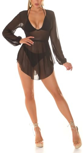 Koucla Babydoll Cover up-Kleid Mesh Minikleid Transparent Strandkleid Kleid mit Langarm und V-Ausschnitt L/XL