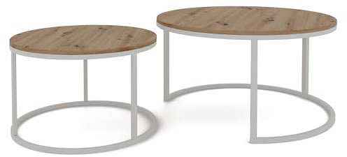 GREKPOL Couchtisch 2er Set - Runde Couchtische 48x70 + 42x50 cm - Rund Couchtisch Weiß mit Artisan - Coffee Table - Kafeetisch