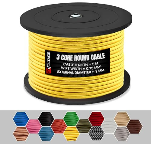 DC VOLTAGE 5m Yellow Cable Vintage 3 Core Round Cable Fabric Cloth Covered Electrical Wire, 16.4ft 3 Conductors 18 Gauge Textile Electric Cable Wire Coated in Colored Vintage for Lighting DIY Project