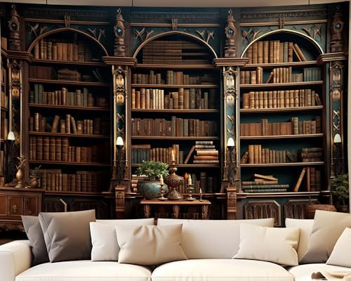QGHOT Mittelalterlicher Wandteppich, Vintage-Bücherregal, Wandbehang, Bibliotheks-Hintergrund, Bücherregal Wanddeko, viktorianische Wandkunst für Schlafzimmer, extra groß, Wohnzimmerdeko (230x180cm,A)