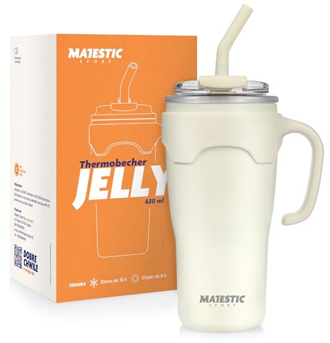 Majestic Sport Jelly Trinkbecher mit Deckel und Strohhalm 650 ml mit Henkel – Edelstahl Thermobecher mit Henkel, isolier Becher mit Strohhalm, Weiß
