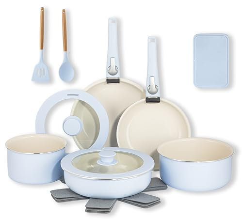 Gotham Steel Juego de 18 ollas y sartenes con mango extraíble antiadherentes, juego de utensilios de cocina de cerámica, juego de utensilios de cocina no tóxicos, juego de ollas y sartenes