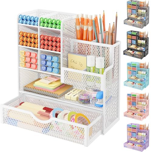 VITVITI Schreibtisch Organizer, 10 Fächer Stiftehalter mit Schublade, Netz Stifte Regal aus Metall, Stiftehalter Schreibtisch für Schule Heim Büro (Weiß)